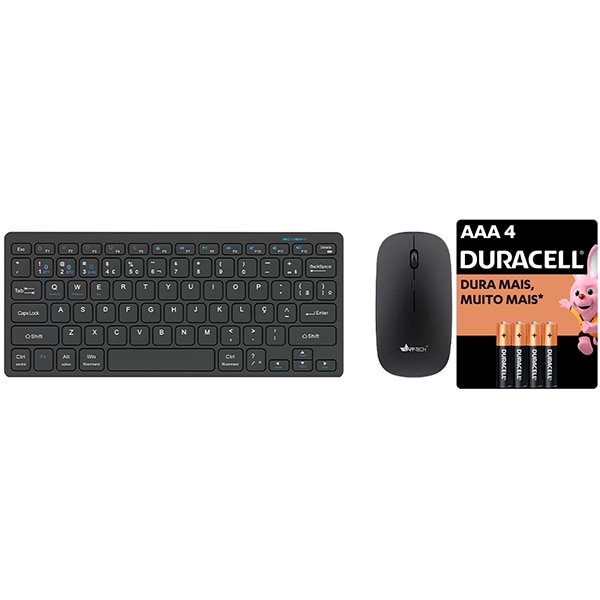 Kit Teclado e Mouse sem Fio, Wireless e Bluetooth, Padrão ABNT2, Preto, KMWB350, App-tech + Pilha Alcalina Palito, AAA, Duracell - CX 1 UN