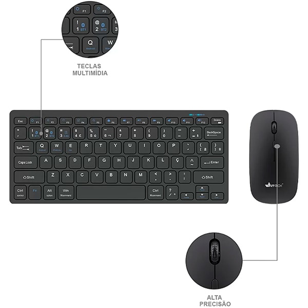 Kit Teclado e Mouse sem Fio, Wireless e Bluetooth, Padrão ABNT2, Preto, KMWB350, App-tech + Pilha Alcalina Palito, AAA, Duracell - CX 1 UN