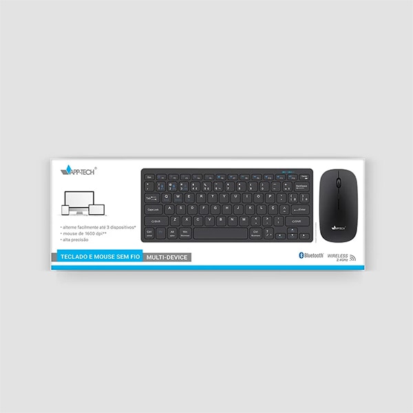 Kit Teclado e Mouse sem Fio, Wireless e Bluetooth, Padrão ABNT2, Preto, KMWB350, App-tech + Pilha Alcalina Palito, AAA, Duracell - CX 1 UN