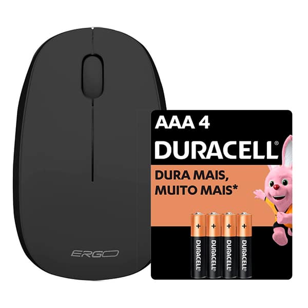 Mouse sem fio, 1200 DPI, Preto, MW7051B, Ergo + Pilha Alcalina Duracell Palito AAA CX 1 UN