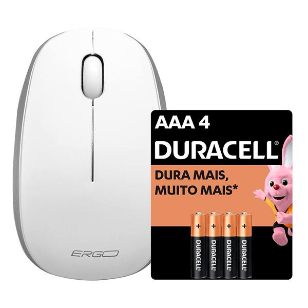 Mouse sem fio, 1200 DPI, Branco, MW7051W, Ergo + Pilha Alcalina Duracell Palito AAA CX 1 UN