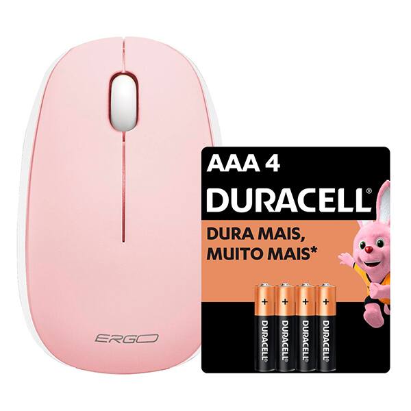 Mouse sem fio, 1200 DPI, Rosa, MW7051P, Ergo + Pilha Alcalina Duracell Palito AAA CX 1 UN