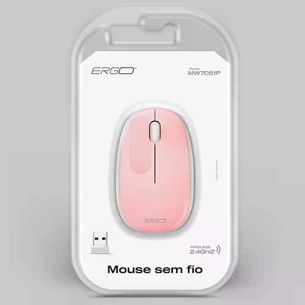 Mouse sem fio, 1200 DPI, Rosa, MW7051P, Ergo + Pilha Alcalina Duracell Palito AAA CX 1 UN