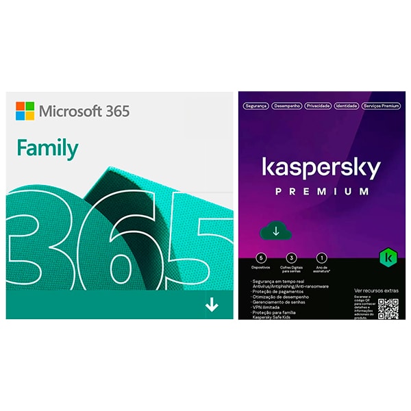 Microsoft 365 Family com Renovação Automática, 1 licença para até 6 usuários Assinatura 15 meses + Kaspersky Antivírus Premium para 5 dispositivos Licença 12 meses - Digital para DOWNLOAD 1 UN