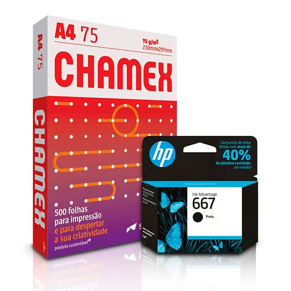 Papel Chamex Sulfite A4, 75g, 210mmx297mm + Cartucho de Tinta 667 Preto Original (3YM79AB) Para HP DeskJet Ink Advantage 2376, 2776, 6476, HP - PT 1 UN