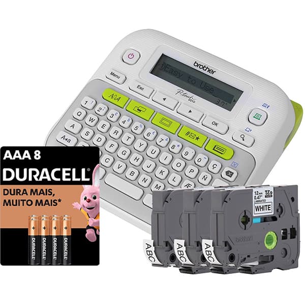 Rotulador eletrônico portátil com 3 fitas, PTD210BP, Brother + Pilha Alcalina Palito AAA, Duracell - CX 1 UN