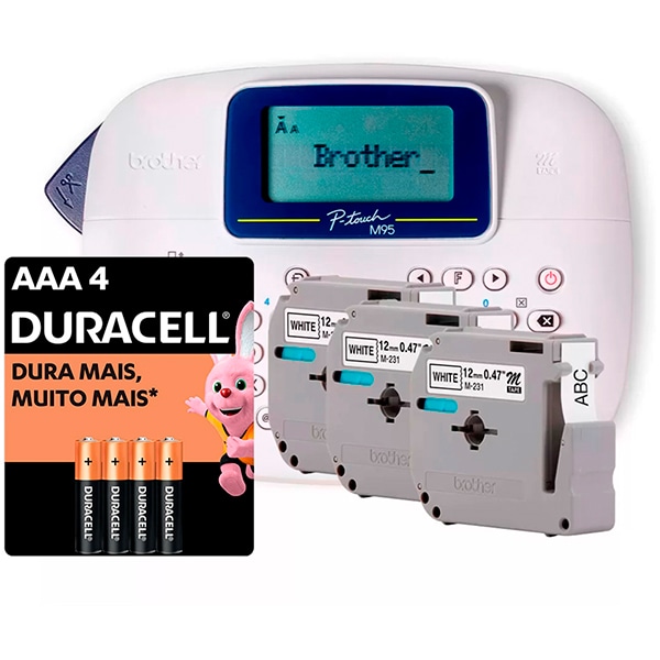 Rotulador Eletrônico Branco com 3 fitas PTM95WTBP, Brother + Pilha Alcalina Palito AAA, Duracell - CX 1 UN