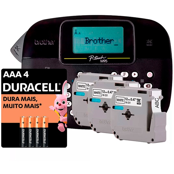 Rotulador Eletrônico Preto com 3 fitas PTM95BKB, Brother + Pilha Alcalina Palito AAA, Duracell - CX 1 UN