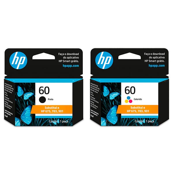 Cartucho HP 60 color CC643WB + Cartucho HP 60 preto 4,5ml CC640WB CX 1 UN