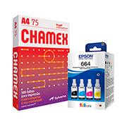 Kit Garrafa Epson T664 para Ecotank Preto, Ciano, Magenta, Amarelo + Papel sulfite Chamex, 500 folhas, A4, 75g, 210mmx297mm CX 1 UN