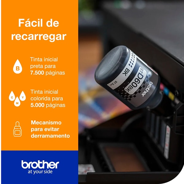 Impressora Multifuncional Tanque de Tinta DCPT420W - V , Colorida, Wi-fi, Conexão USB, 220v, Brother + Refil para InkTank preto BTD60BK Brother - CX 1 UN