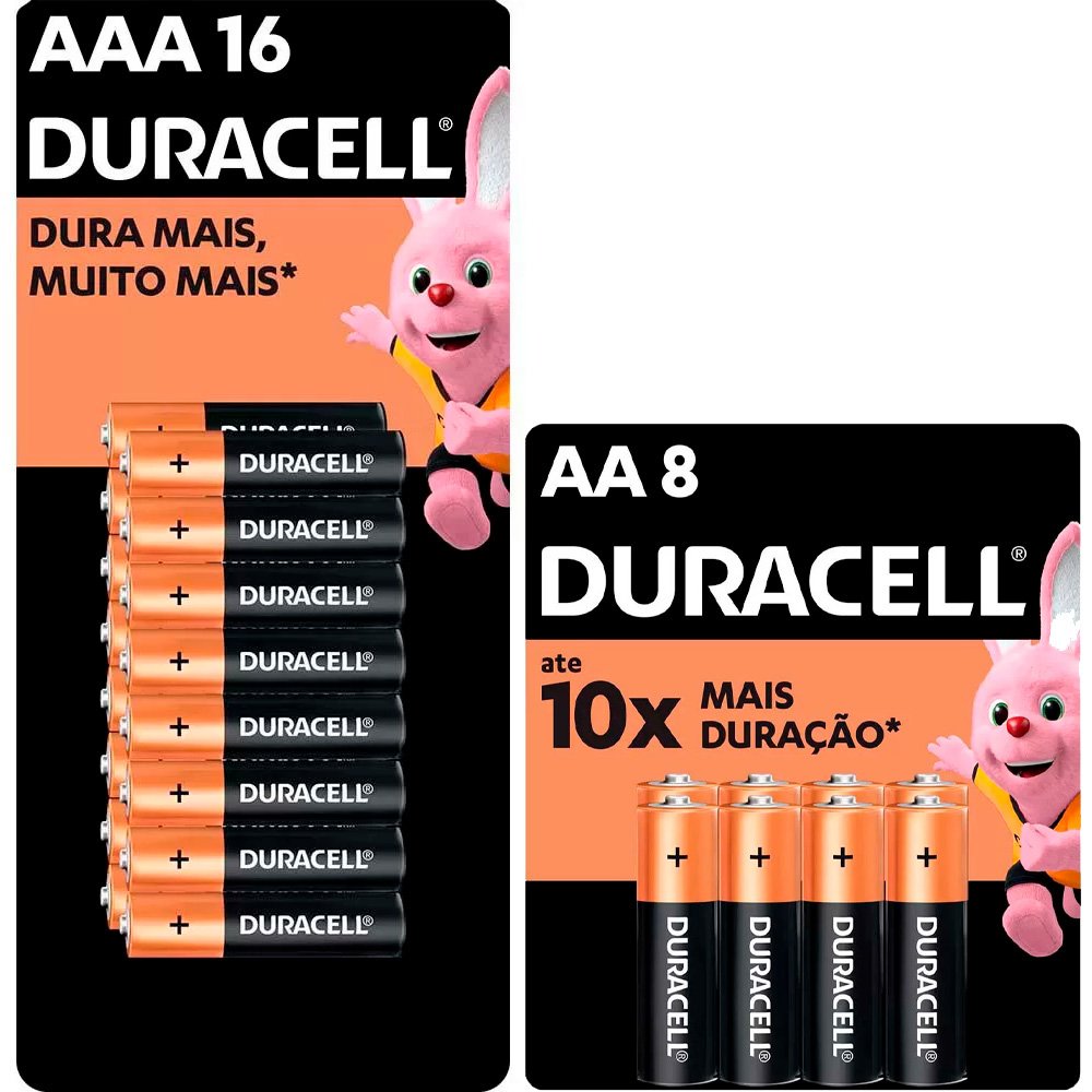 Pilha alcalina palito AAA, com 16 unidades + Pilha alcalina palito AA, com  8 unidades, Duracell - PT 1 UN - Loja Duracell