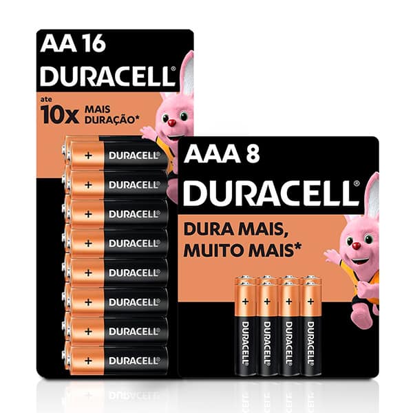 Pilha alcalina Pequena AA, com 16 unidades + Pilha alcalina palito AAA, com 8 unidades, Duracell - PT 1 UN