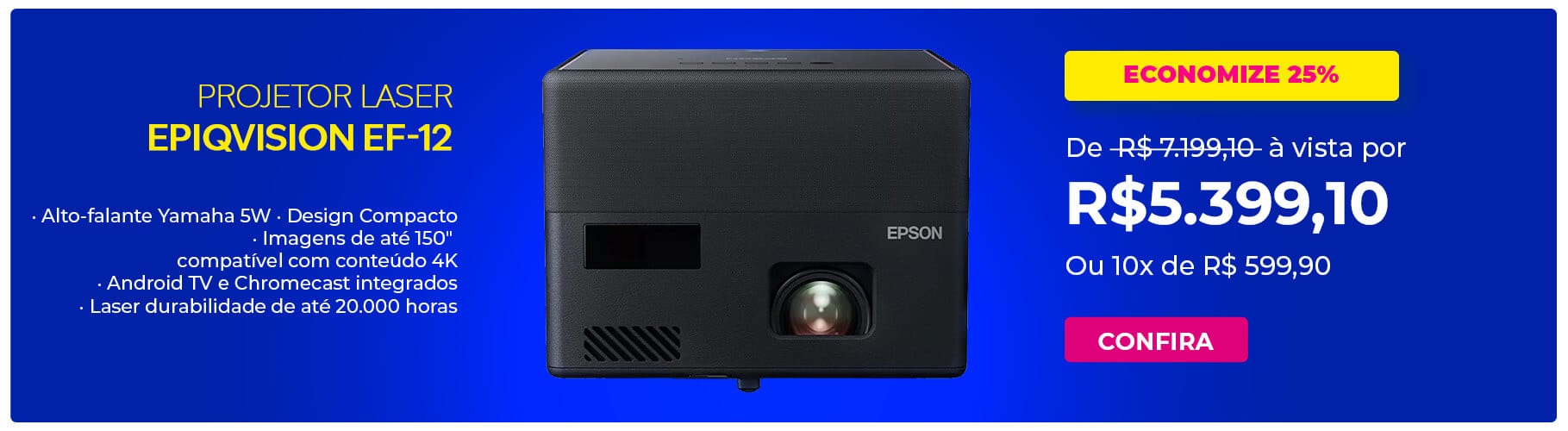 Projetor Laser EpiqVision EF-12 Smart Streaming com Android TV, Bluetooth e Alto-falante Independente de 5W - V11HA14020 - Epson
