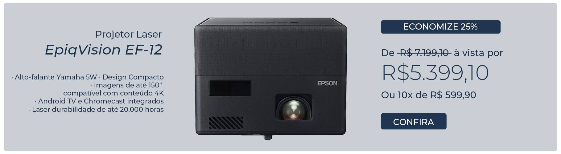 Projetor Laser EpiqVision EF-12 Smart Streaming com Android TV, Bluetooth e Alto-falante Independente de 5W - V11HA14020 - Epson