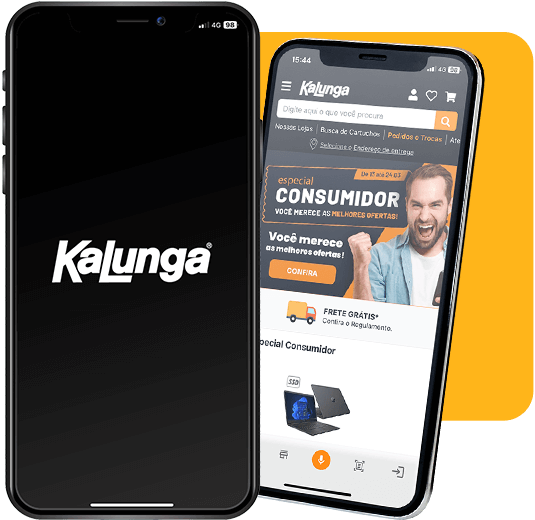 imagem mostrando app da kalunga em dois celulares o da frente com o logo no meio (carregando o app) o de traz na pagina inicial da kalunga