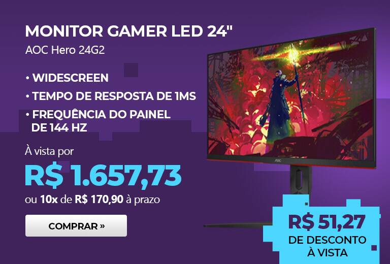 Monitor Gamer LED 24" AOC Hero 24G2, Widescreen, Tempo de resposta de 1ms, Frequência do painel de 144 HZ com 3% de desconto