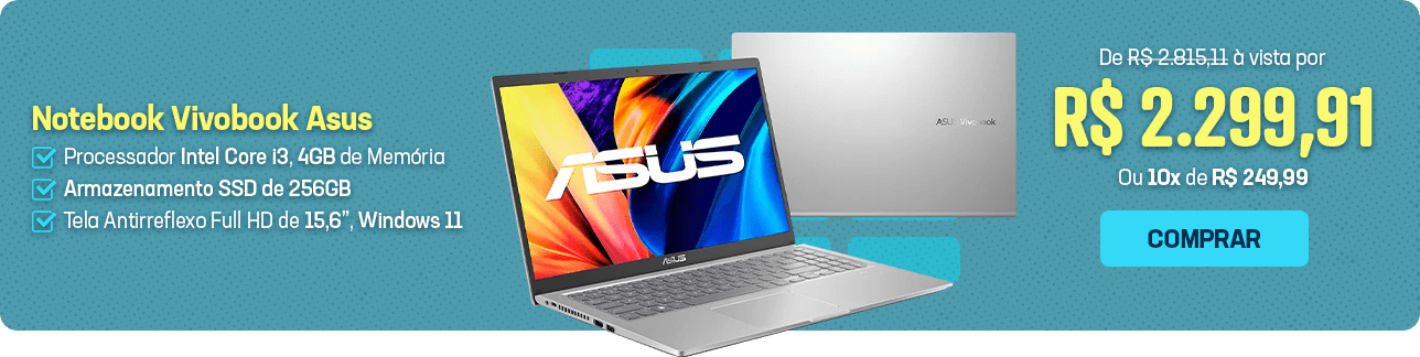 Notebook Vivobook Asus, Processador Core i3, 4GB de Memória, Armazenamento 256GB SSD, X1500EA-EJ3665W, Windows 11 Home, Prata, Asus