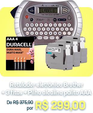 Rotulador eletrônico PT70BMBP, Cinza, com 3 fitas, Brother + Pilha alcalina palito AAA, com 4 unidades, Duracell