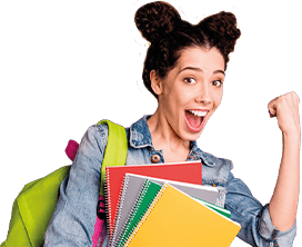 Adolescente sorridente em uma postura determinada, segurando diversos cadernos